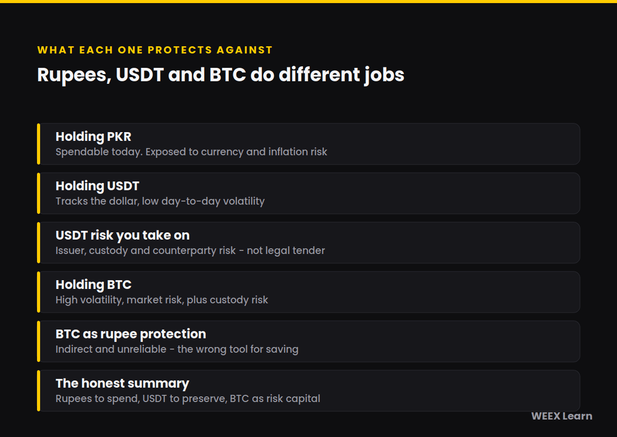Mantener PKR frente a USDT y BTC en Pakistán y contra qué protege cada activo