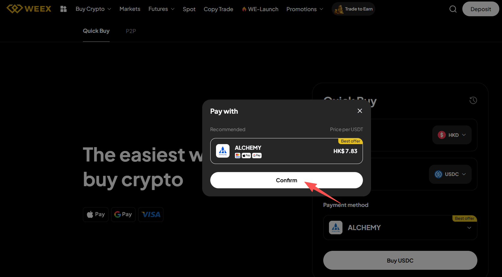 Étape 2 : Comment acheter des USDC avec des HKD sur WEEX ? Version Web