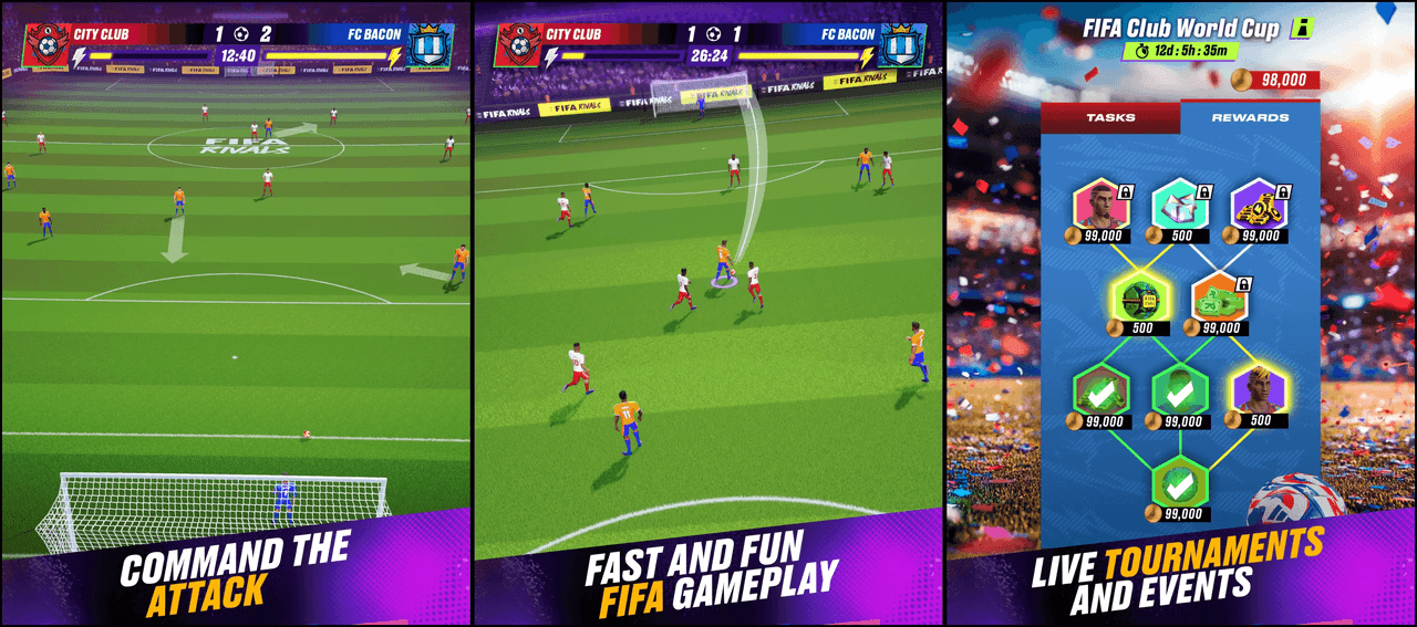 Jugabilidad de FIFA Rivals: acción de fútbol en vivo, partidos rápidos, recompensas y torneos. Los jugadores controlan su equipo y recolectan recompensas digitales.