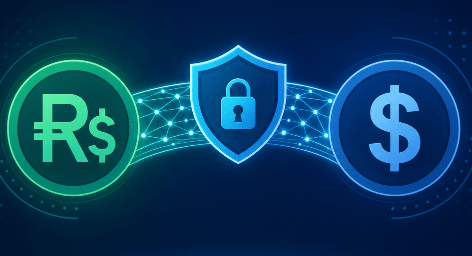 Escudo digital protegiendo símbolos de dólar y real brasileño representando protección cambiaria con stablecoin