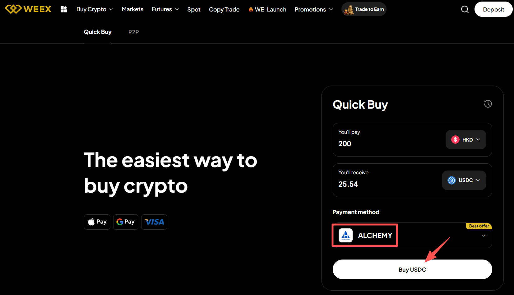 Étape 3 : Comment acheter des USDC avec des HKD sur WEEX ? Version Web