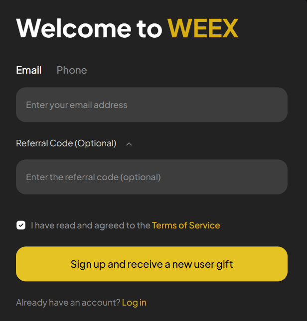 Saisir l'adresse e-mail et le code de parrainage WEEX