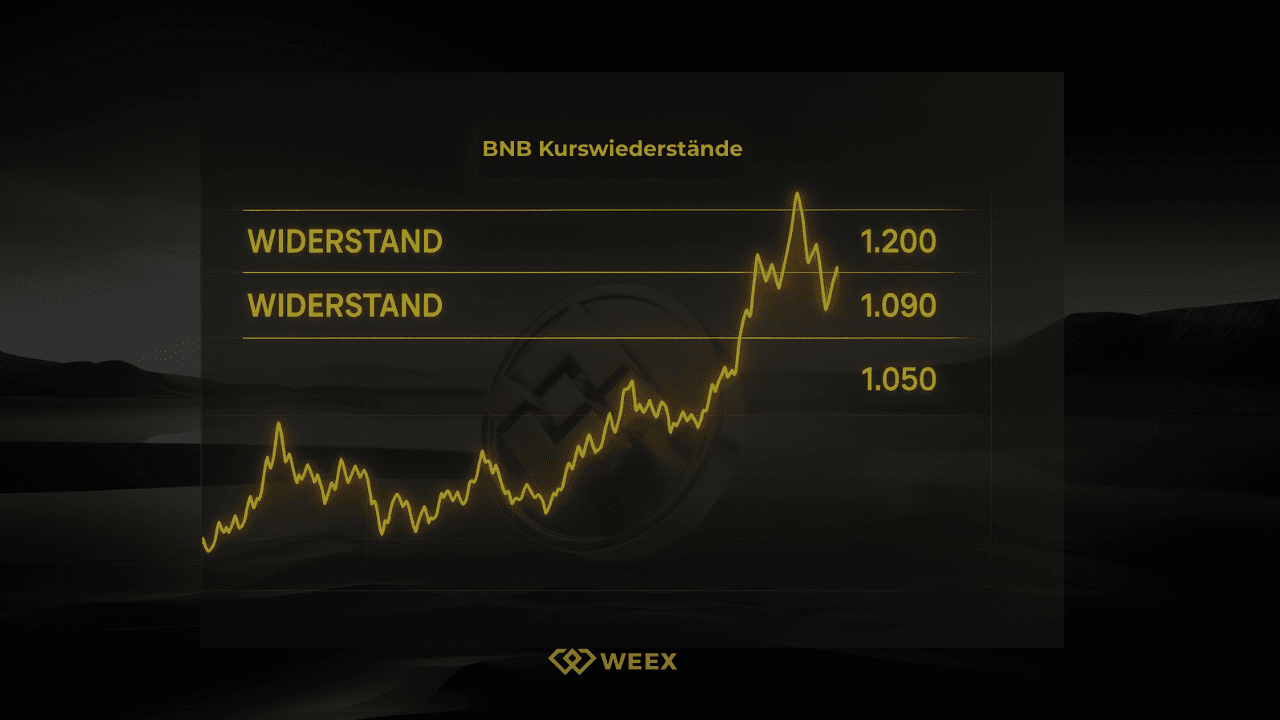 Résistance du prix du BNB : Graphique avec zones de résistance clés à 1 050 $, 1 090 $ et 1 200 $, affiché avec une ligne jaune et la marque WEEX.