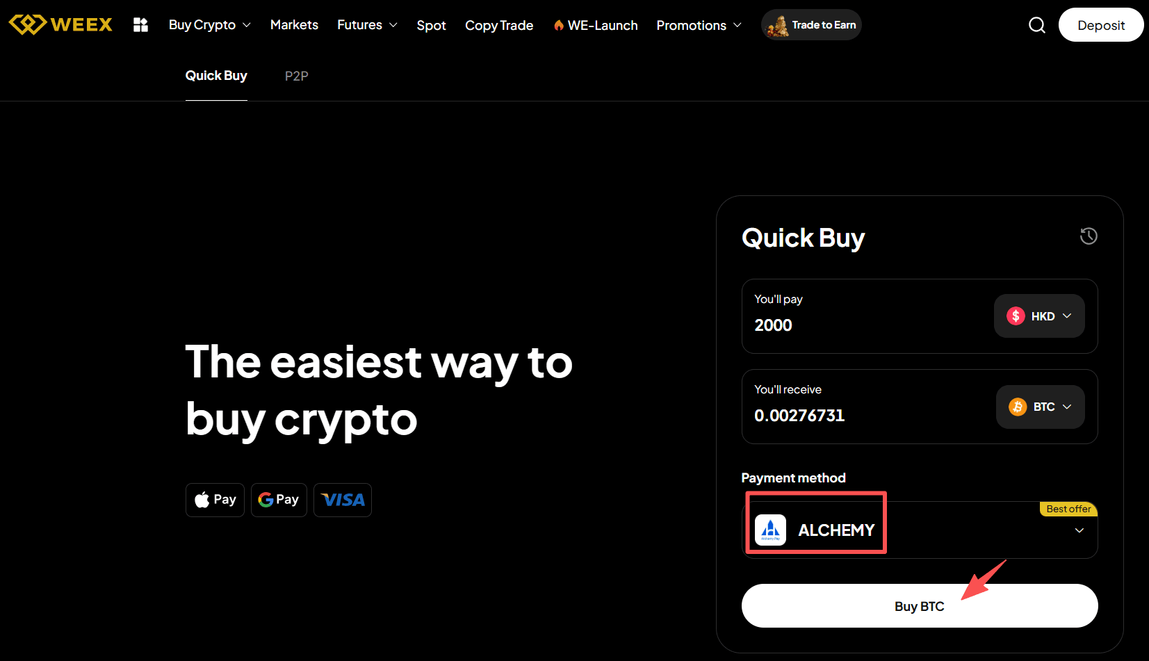 Étape 3 : Comment acheter du BTC avec HKD sur WEEX ? Version Web