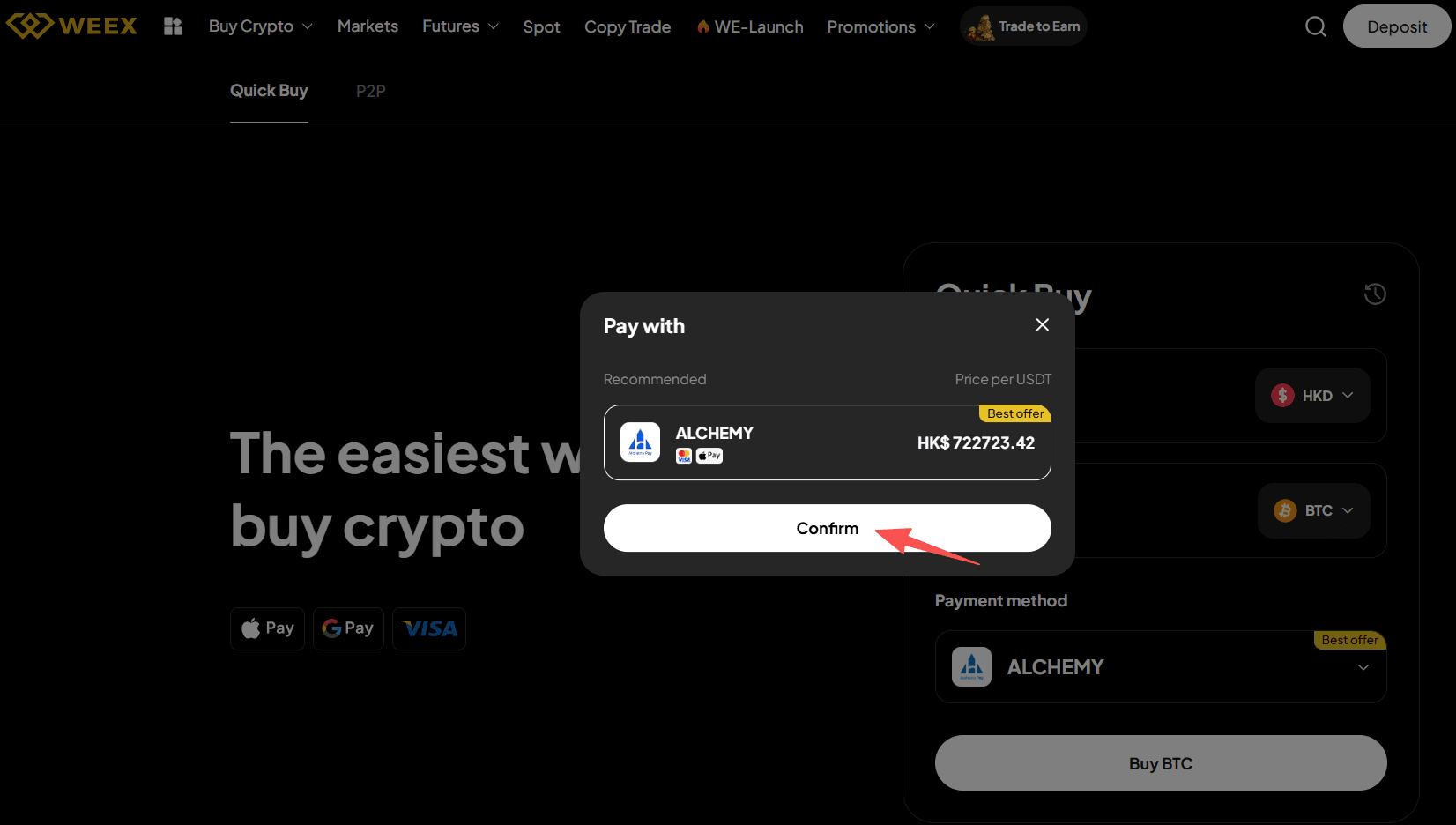 Étape 2 : Comment acheter du BTC avec HKD sur WEEX ? Version Web