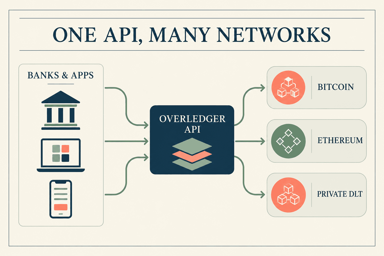 Schéma montrant des banques et des applications connectées à Bitcoin, Ethereum et à des registres distribués privés via l’API Overledger