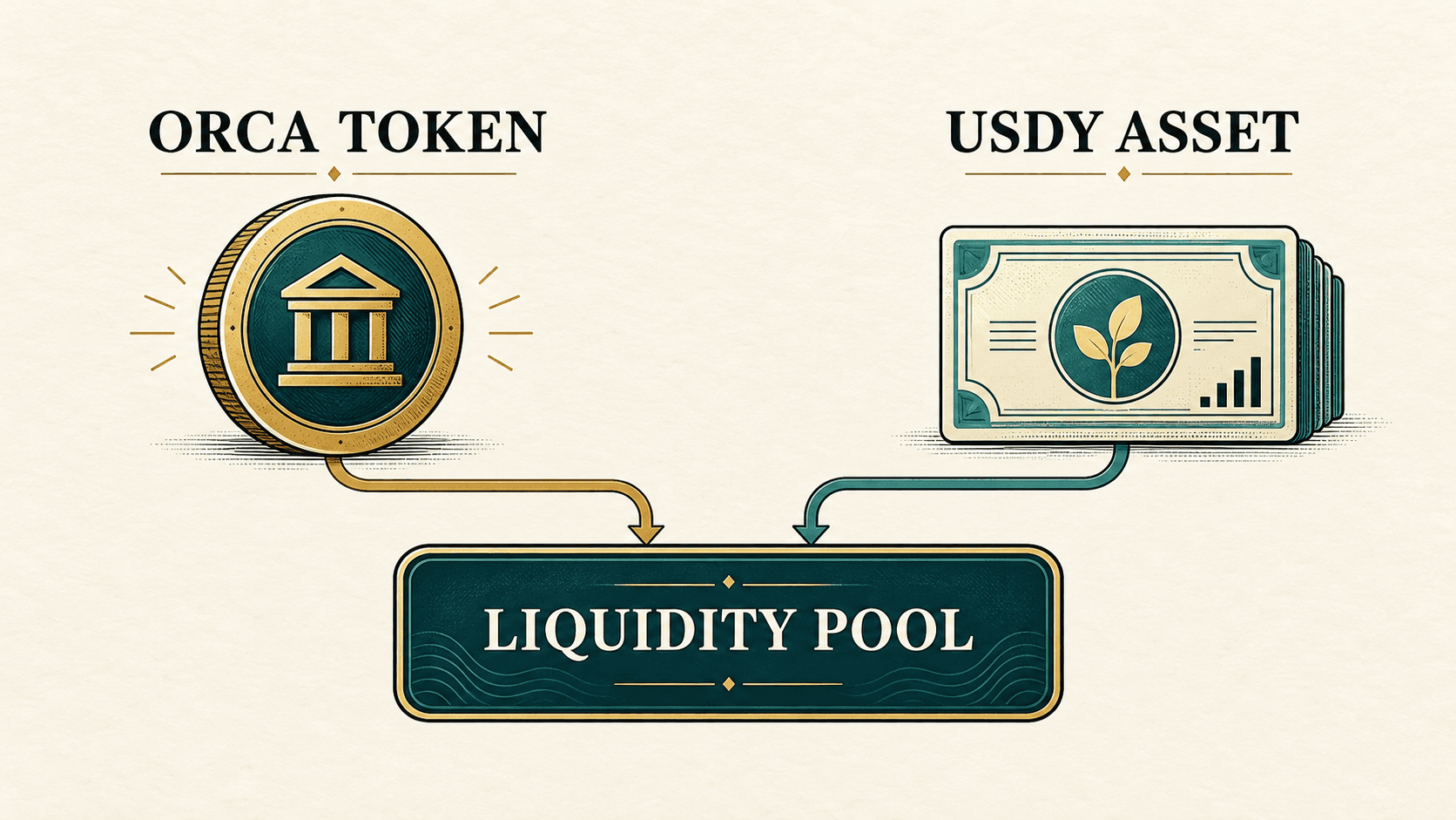 Diagrama que distingue el token de gobernanza ORCA de USDY como activo de rendimiento tokenizado, y muestra cómo ambos se conectan a un pool de liquidez de Orca