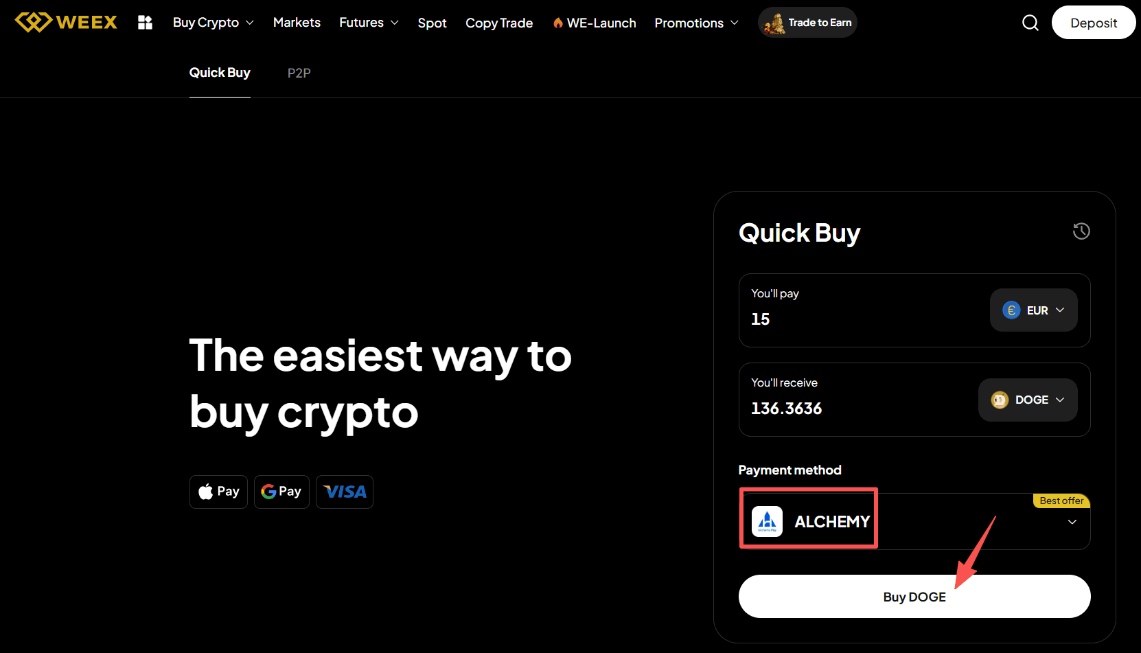 Крок 3: Як купити DOGE за EUR на WEEX?Веб-версія