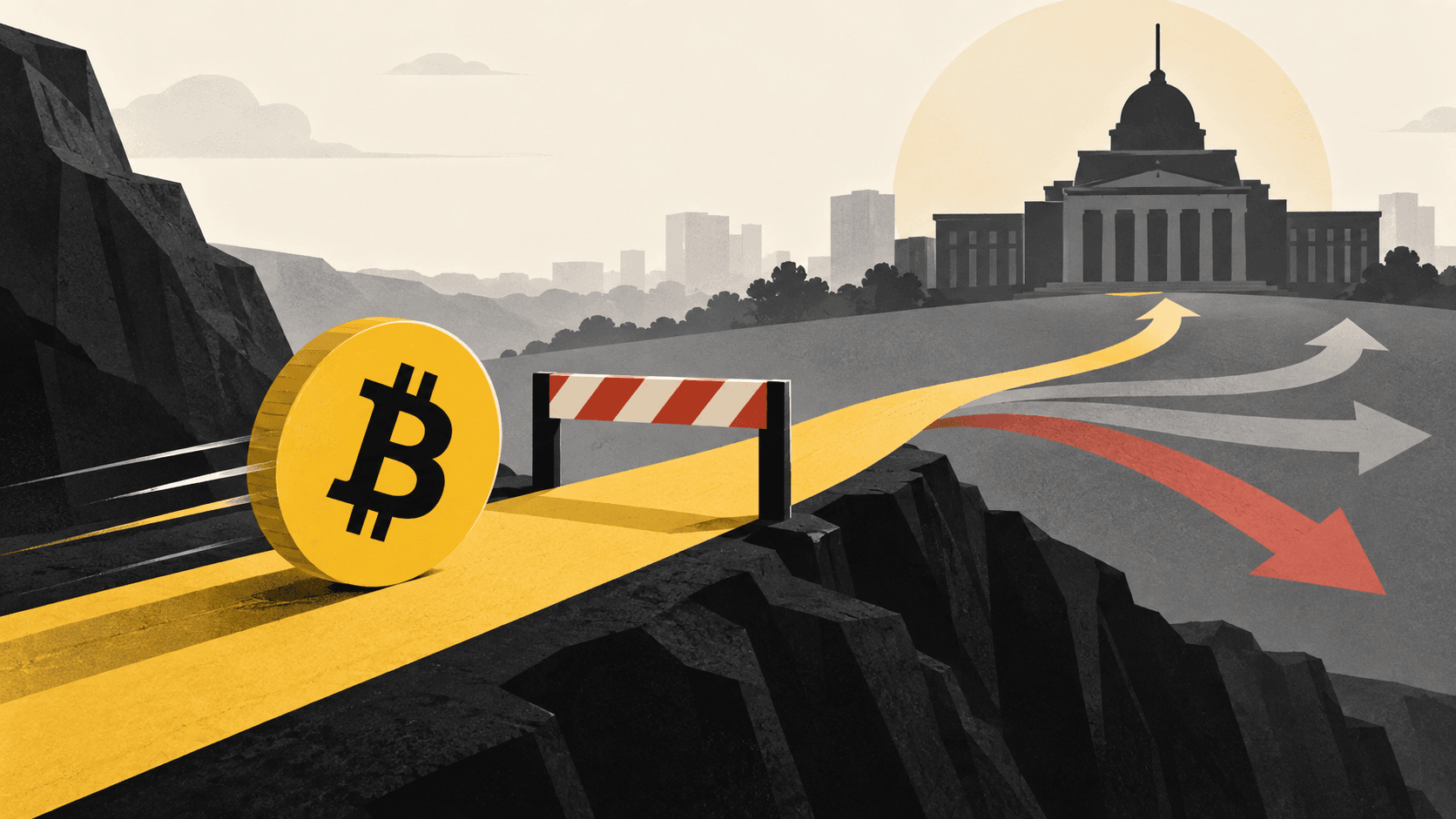 Financial editorial illustration showing a completed policy checkpoint followed by several possible Federal Reserve and crypto-market paths