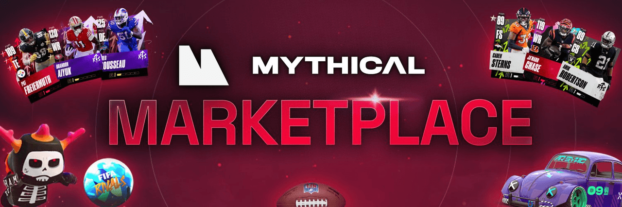 Banner de Mythical Marketplace con tarjetas de jugador NFT de NFL Rivals, FIFA Rivals, activos dentro del juego y coleccionables digitales para juegos Web3.