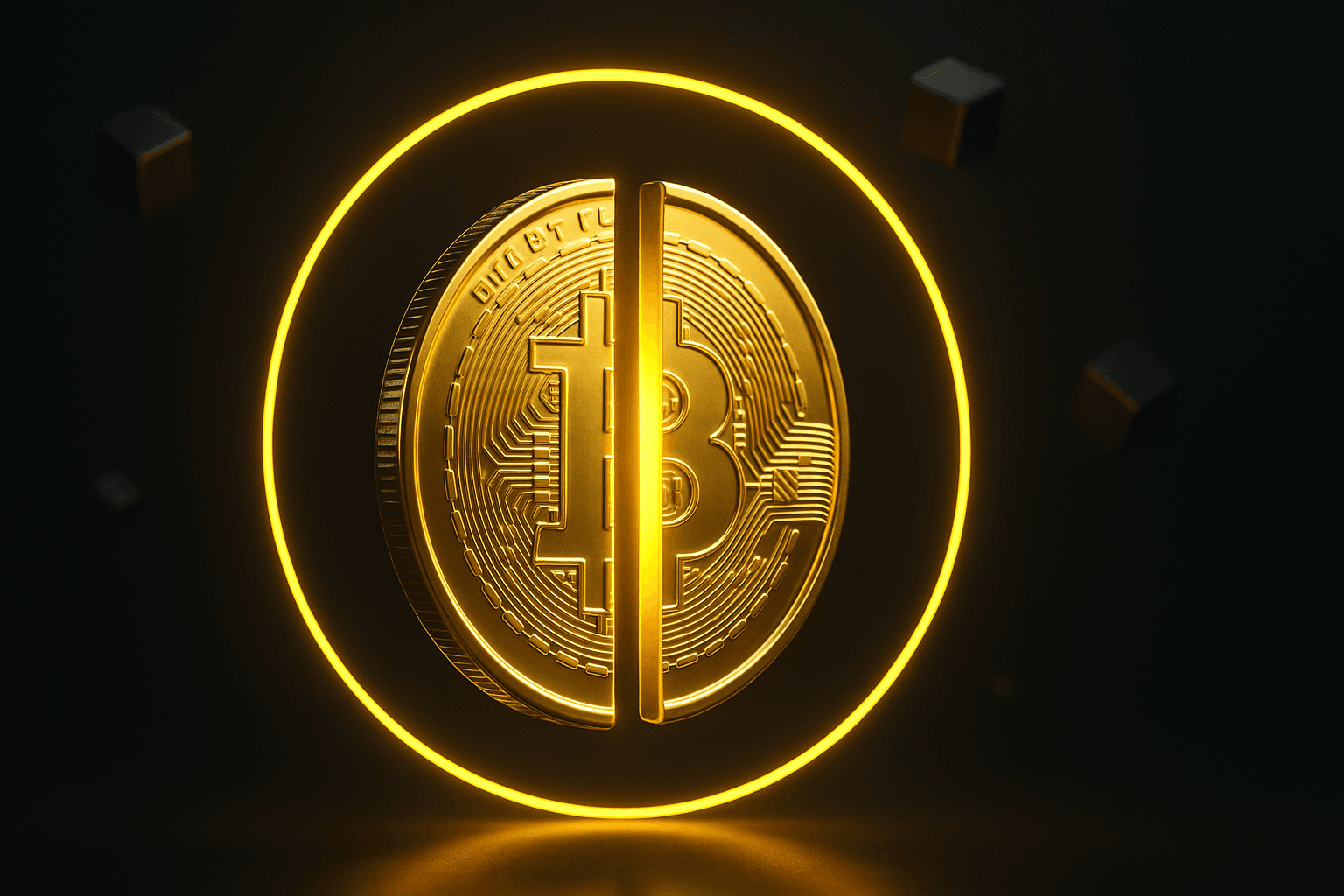 Símbolo dorado de Bitcoin con gráfico brillante de halving, representación del halving de Bitcoin como un evento de shock de oferta en el mercado cripto.