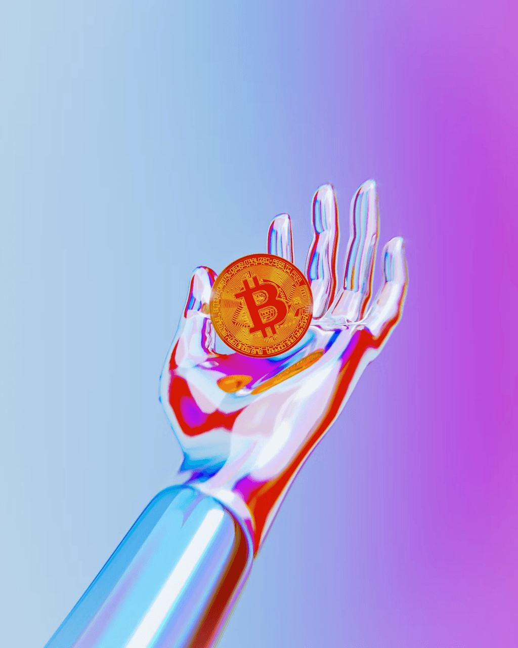 Mano futurista y transparente sosteniendo una moneda de Bitcoin dorada frente a un degradado colorido de azul, rosa y morado.