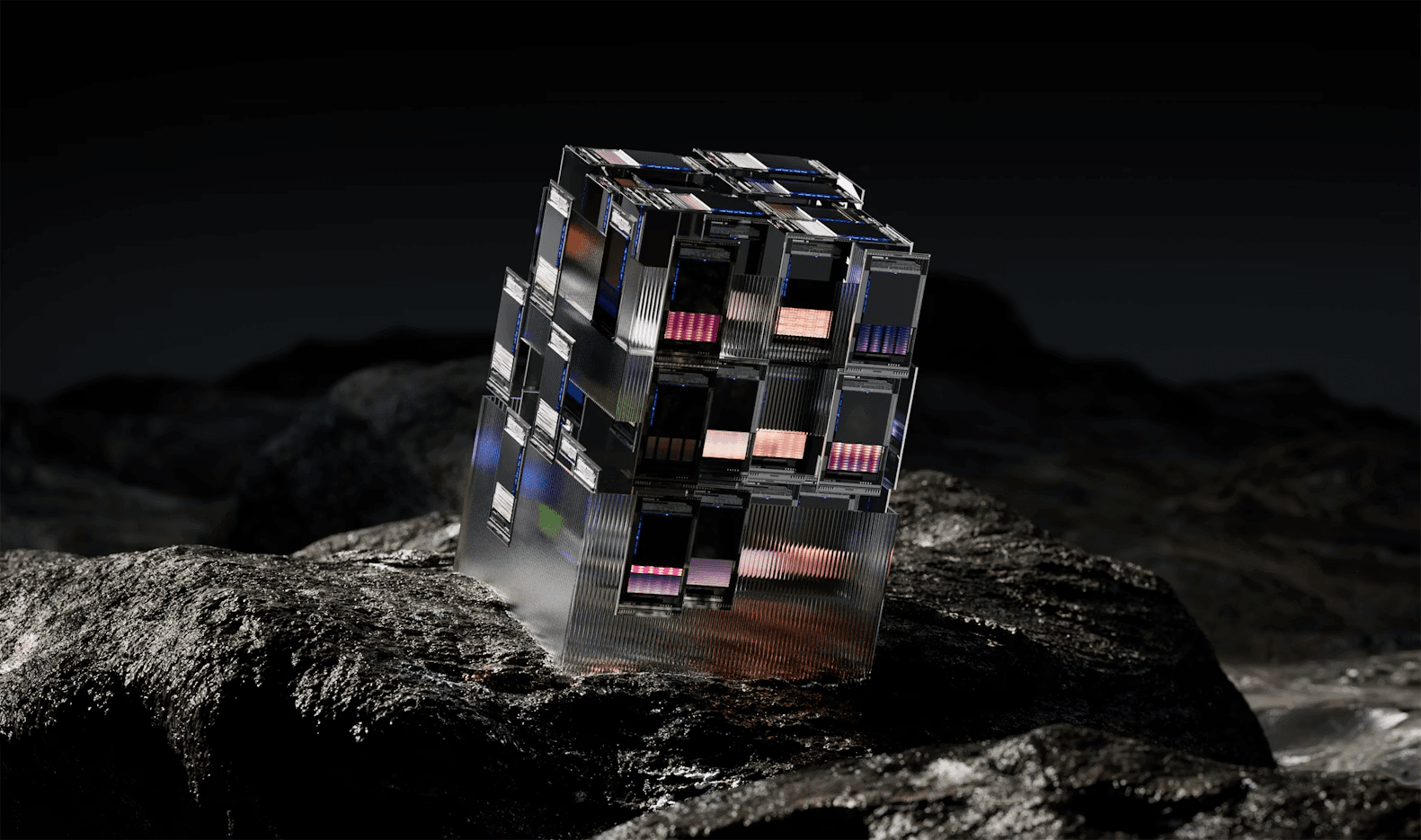 Cubo de datos abstracto y futurista hecho de elementos de servidor modulares sobre rocas, símbolo de infraestructura descentralizada, blockchain, IA y potencia de cálculo.