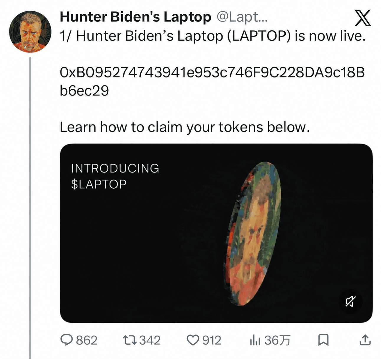 Hunter Biden 的 LAPTOP 代幣已在 Base 上線：小心仿冒代幣