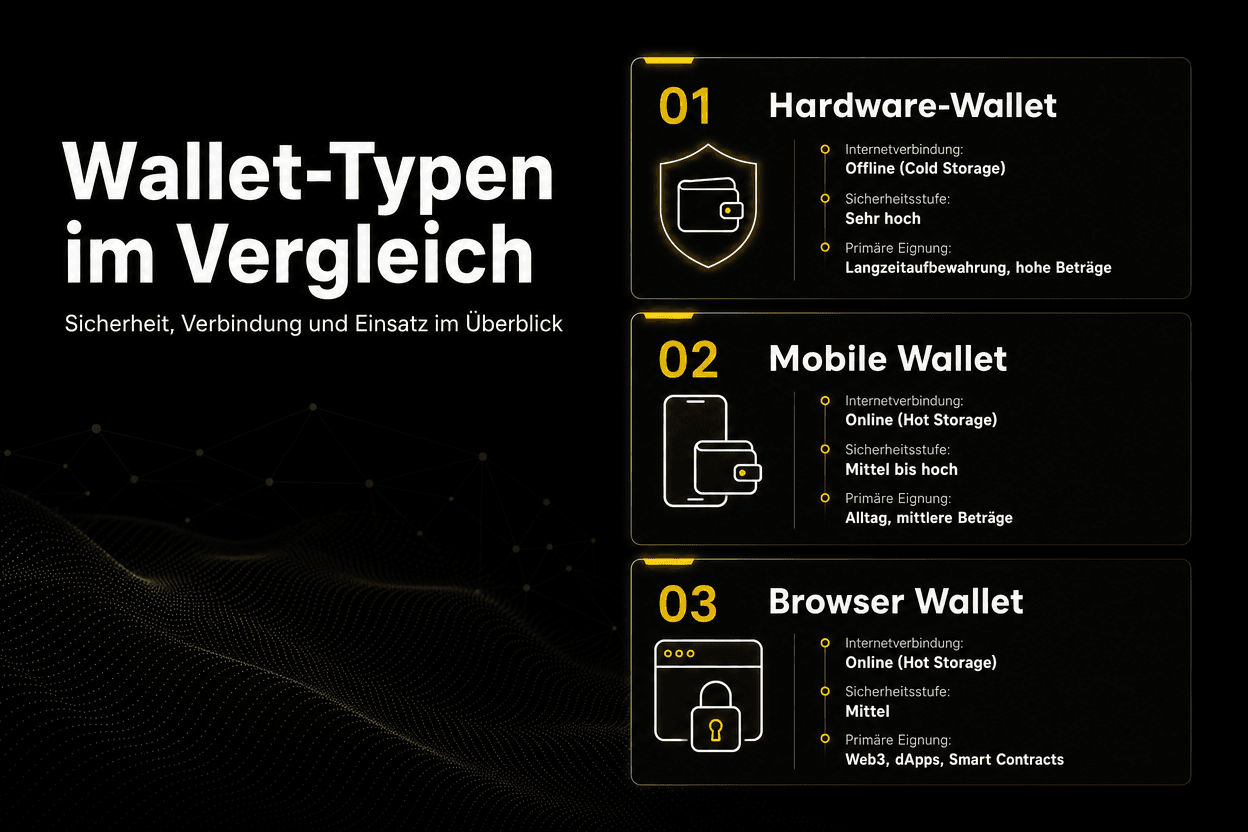 Comparación de diferentes tipos de billeteras para cripto: billetera de hardware, billetera móvil y billetera de navegador con seguridad, conexión y áreas de aplicación.