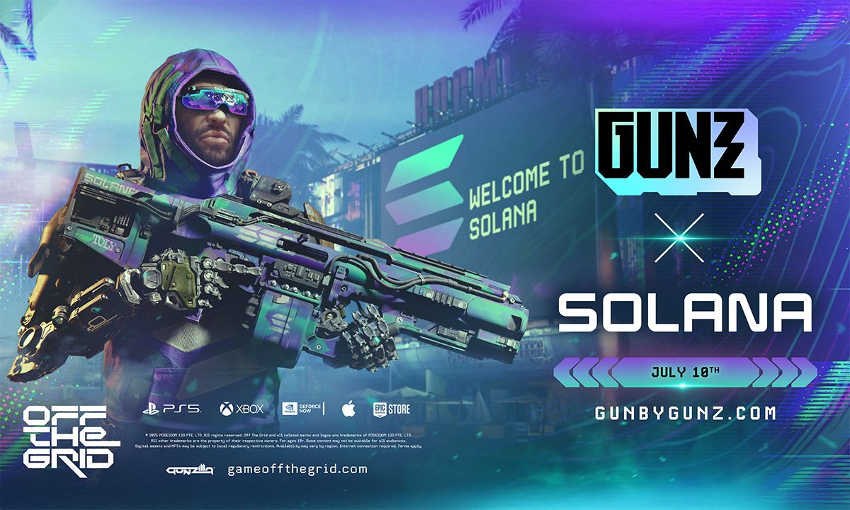 Jeu GUNZ sur Solana mettant en vedette un soldat futuriste avec une arme, concept de jeu blockchain et de tireur Web3