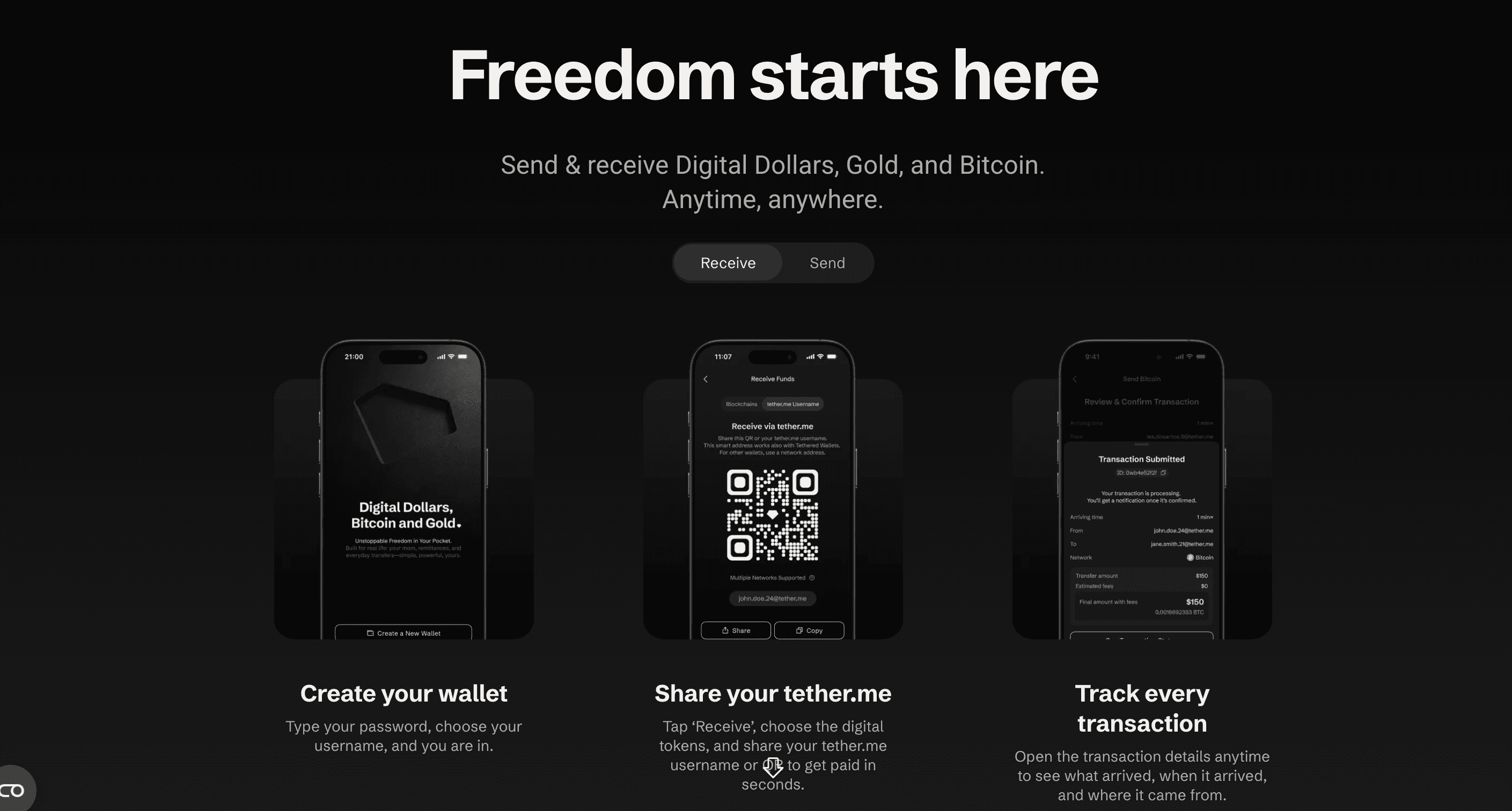 واجهة تطبيق tether.wallet الرسمية لإرسال واستقبال USDT، والبيتكوين، والدولارات الرقمية