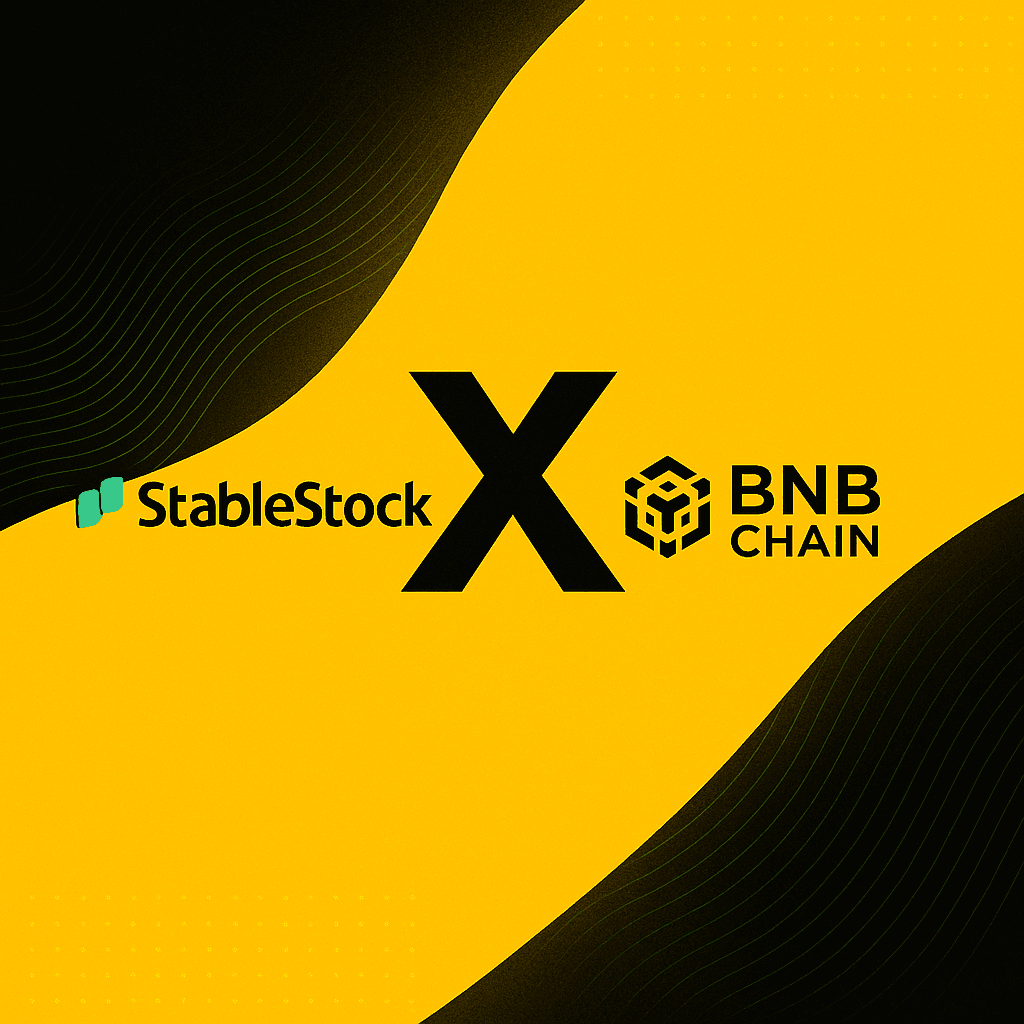 Logos de StableStock y BNB Chain con una gran 'X' sobre un fondo amarillo y negro – símbolo de una asociación estratégica en el sector blockchain.