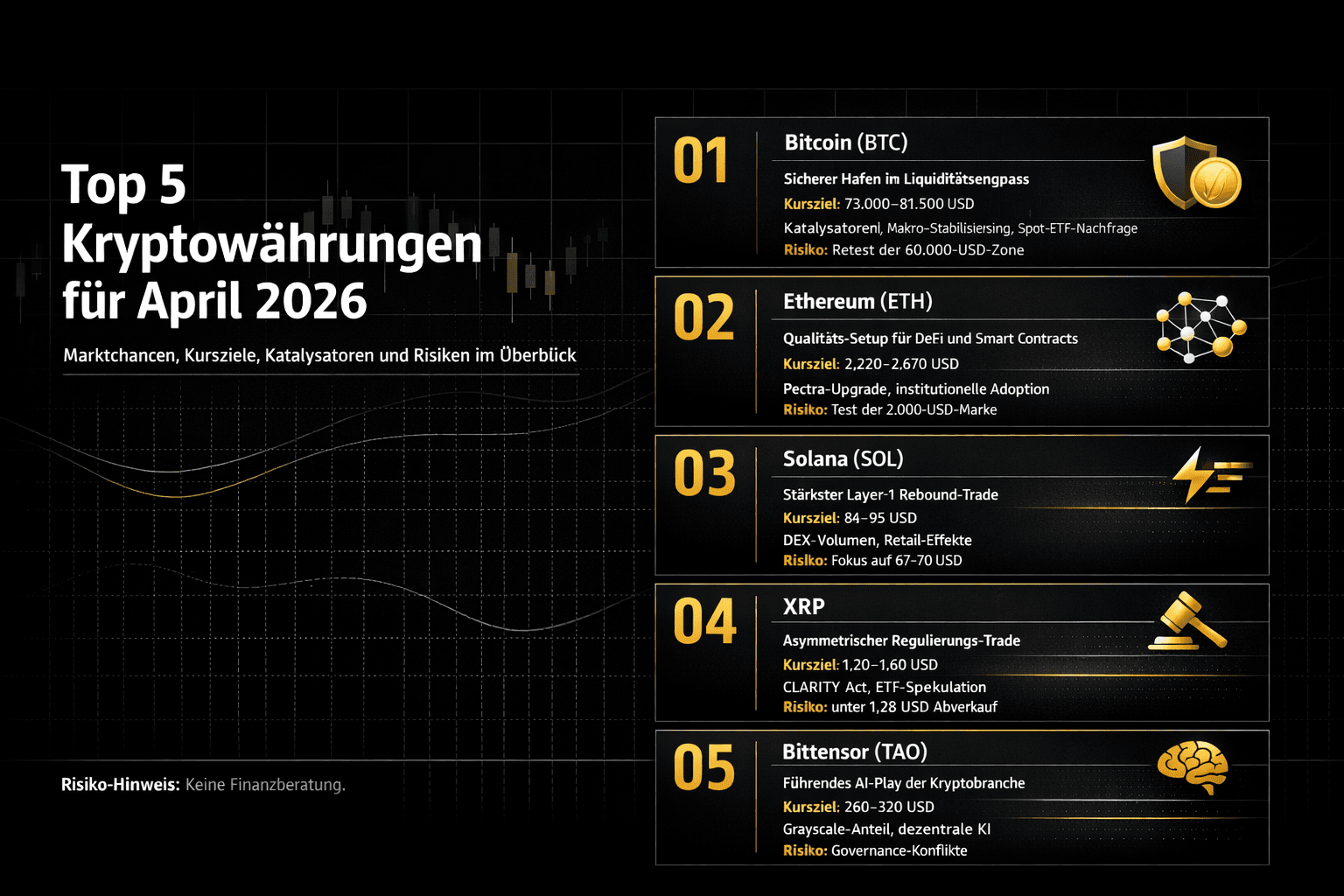 Рейтинг: Топ-5 криптовалют на апрель 2026 года (Биткоин, Эфириум, Солана, XRP, Биттензор) с рыночными возможностями, целевыми ценами, катализаторами и рисками.