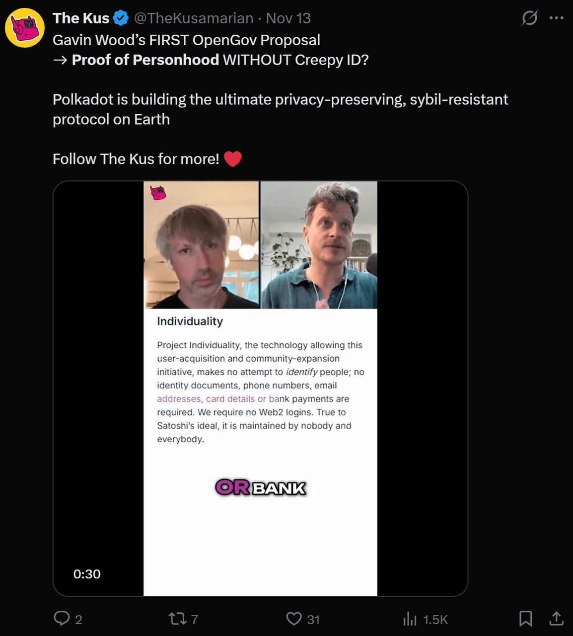Tweet sobre la propuesta de Gavin Wood para 'Prueba de personalidad' sin ID. Dos oradores en una videollamada, enfoque en privacidad y resistencia Sybil en Polkadot.