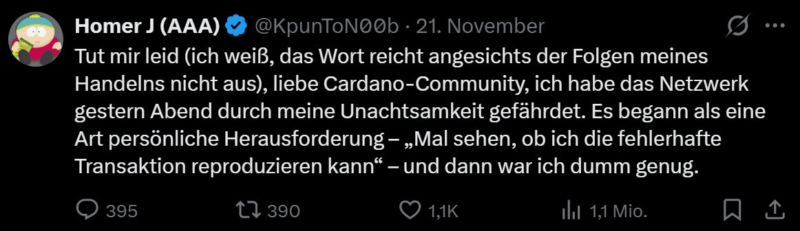 Tweet sobre un problema en la red de Cardano, donde un usuario confiesa su descuido y se disculpa públicamente ante la comunidad de Cardano.