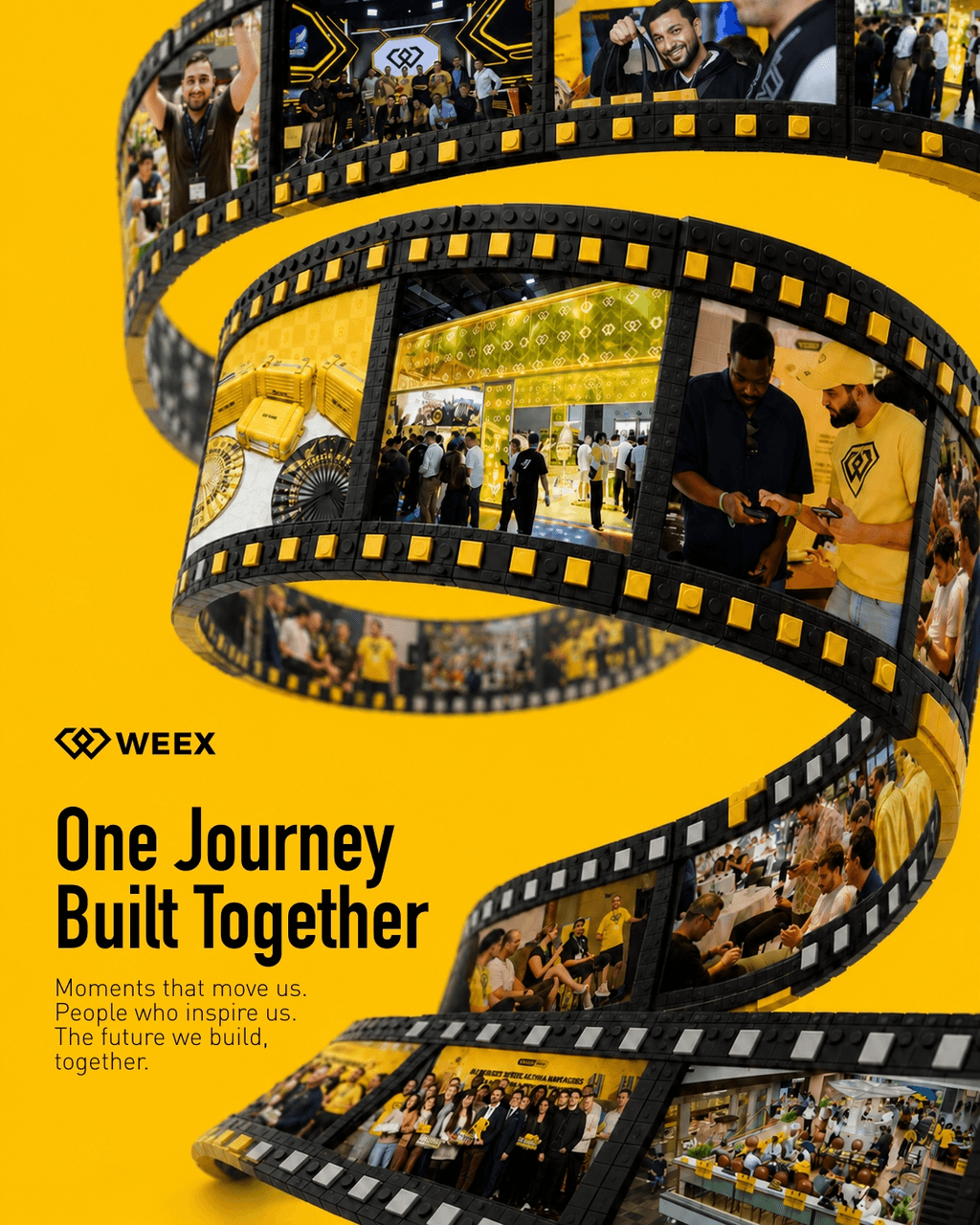 Une Journey Built Together 胶片长卷视觉 — film-strip banner featuring past WEEX event moments.PNG