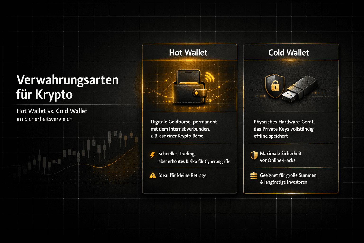 Comparación de billetera caliente y fría con dos tarjetas: billetera caliente para trading rápido, billetera fría para máxima seguridad y almacenamiento fuera de línea.