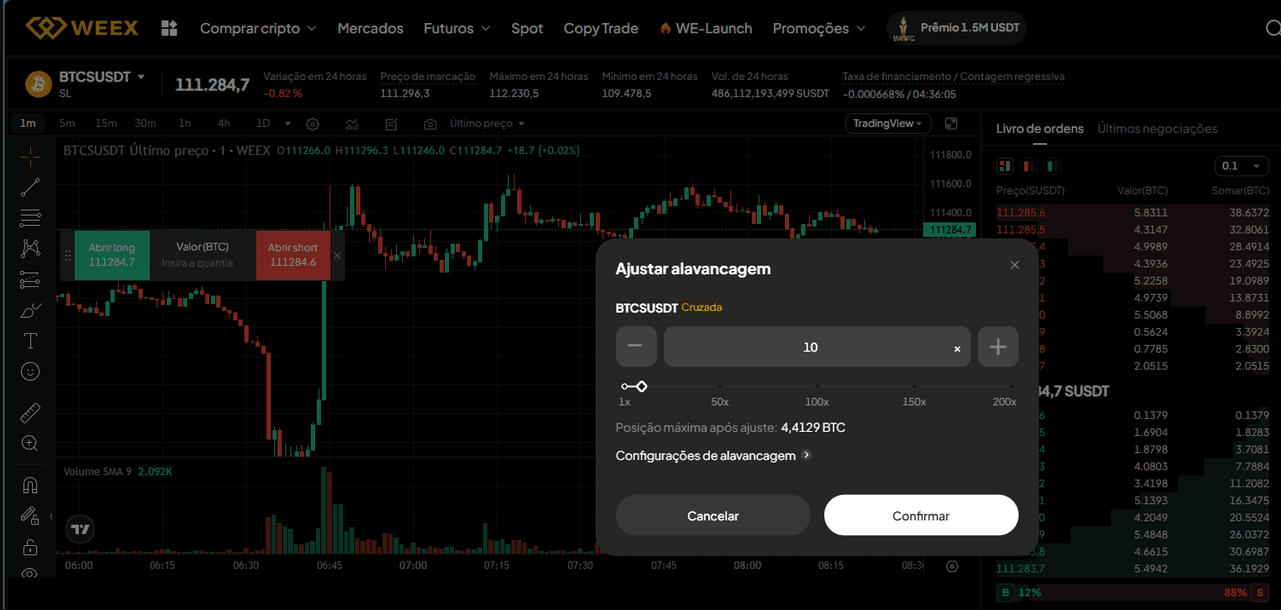La imagen muestra la ventana de ajuste de apalancamiento en la plataforma de trading de WEEX