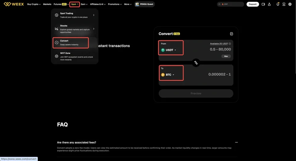 Saldo disponibile su WEEX Convert: come verificarlo e usare Max