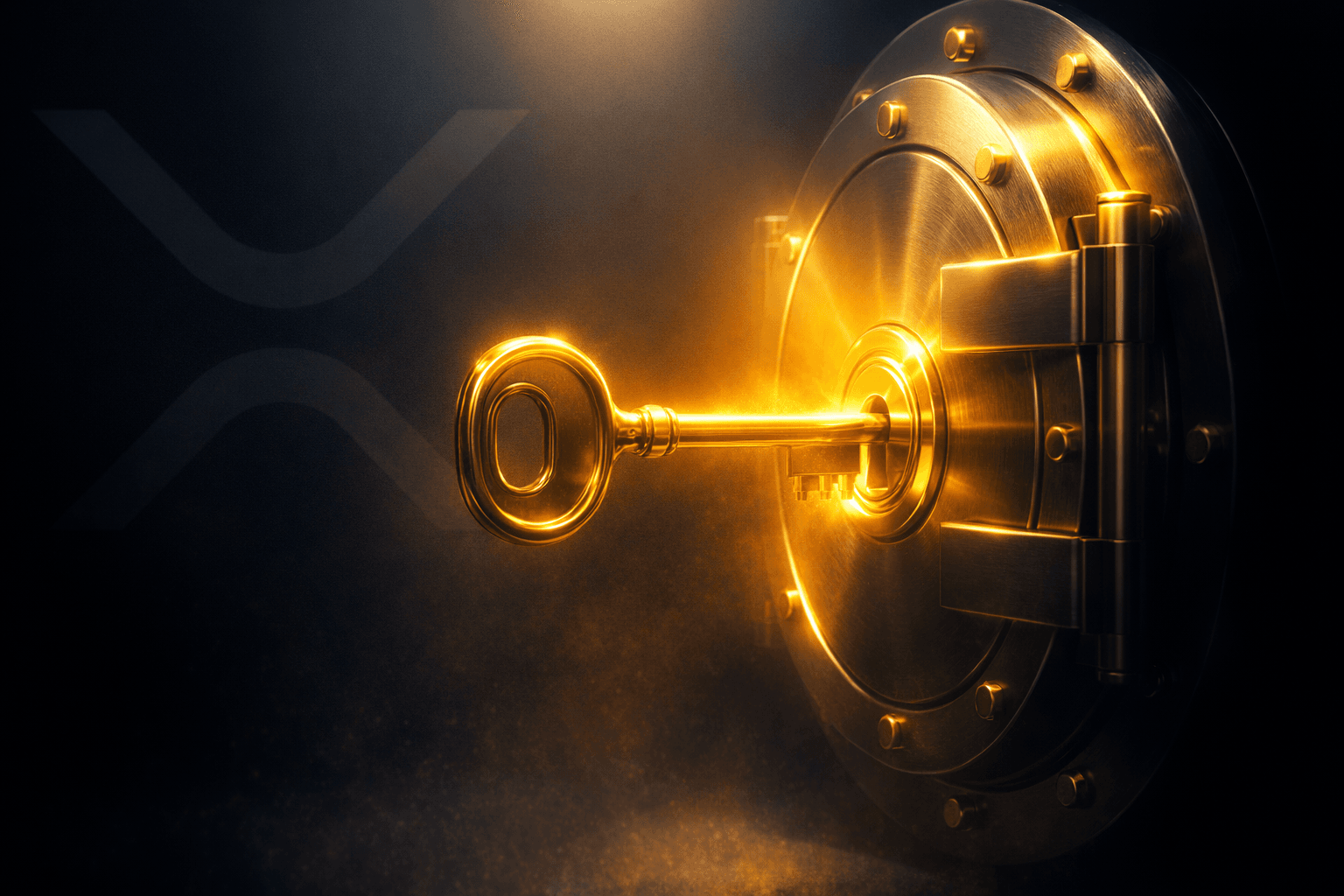Llave dorada en una cerradura de bóveda masiva e iluminada; en el fondo oscuro se ve sutilmente un gran logotipo de XRP.