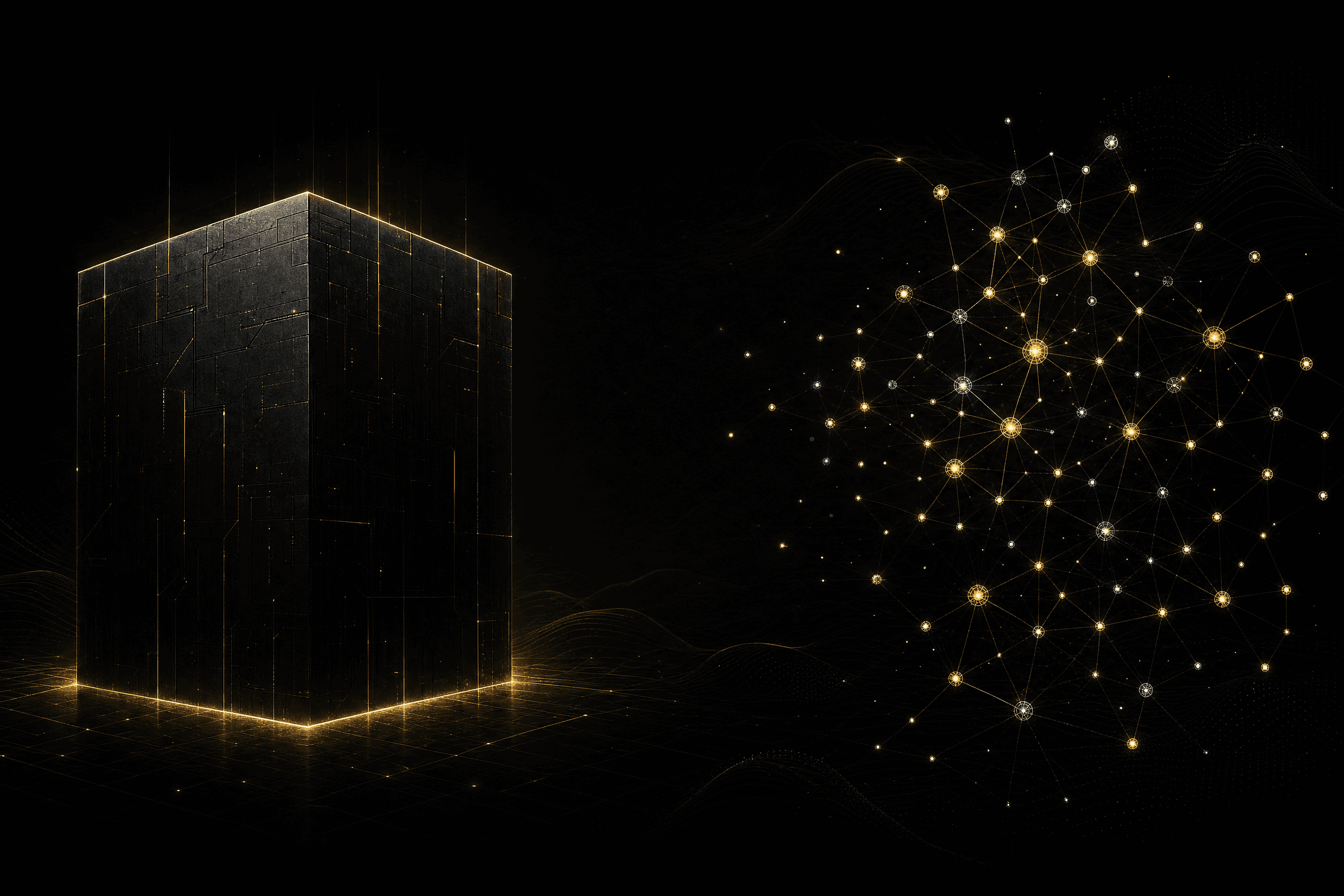 Schwarzer Hintergrund mit leuchtendem, kubischem Datenblock links und einem fein vernetzten gold-weißen Partikelnetzwerk rechts, das Verbindung zwischen Block und Netzwerk symbolisiert.
