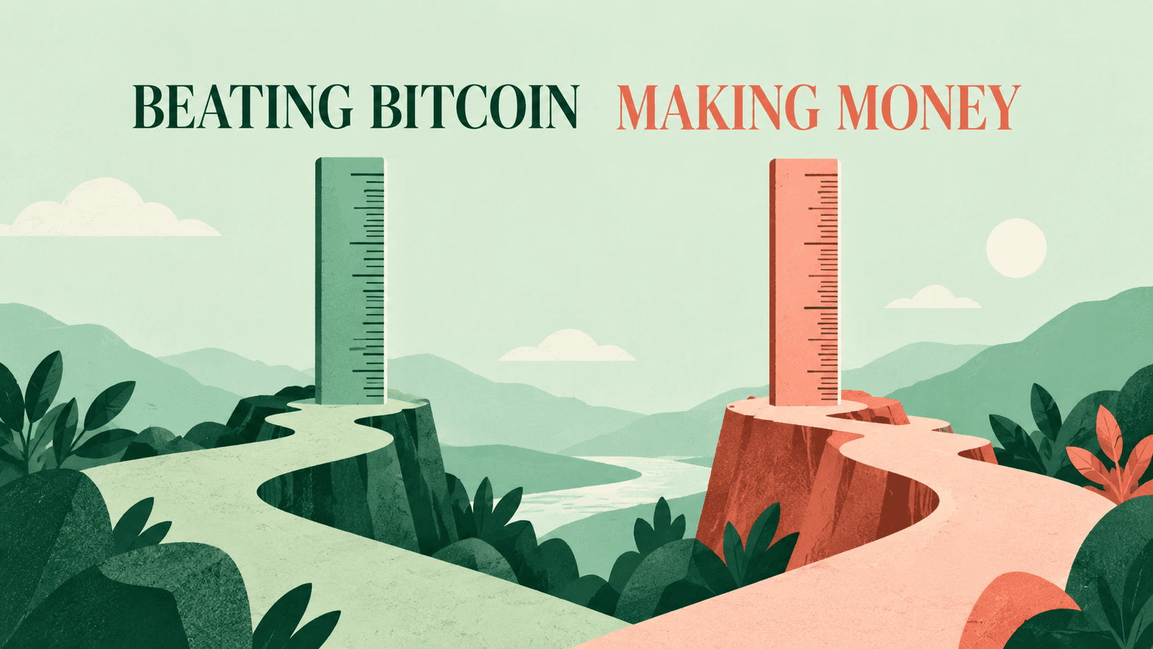 Two separate measuring scales illustrating the difference between outperforming Bitcoin and earning a positive return