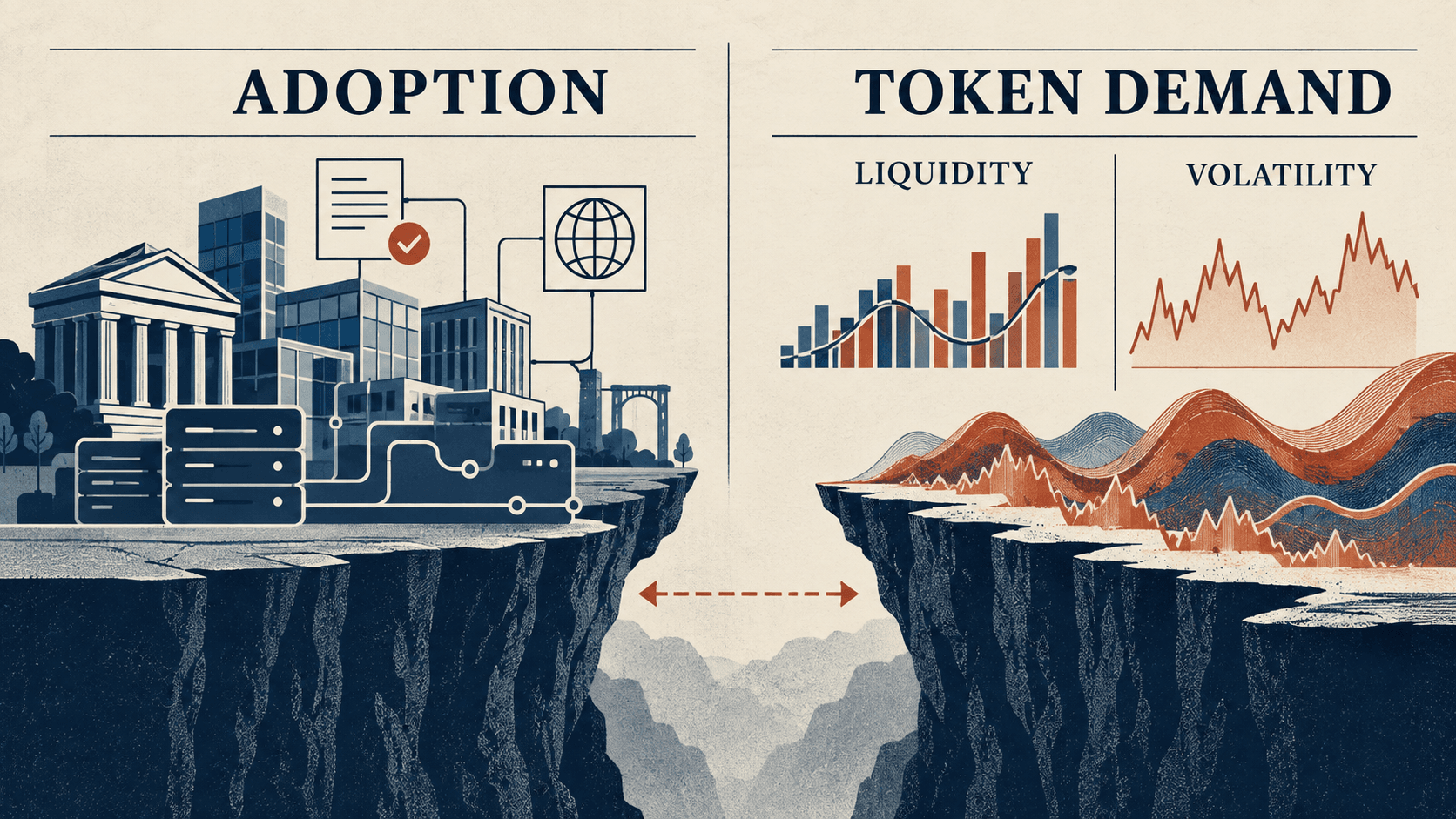 Analyse der Quant-Adoption im Vergleich zur QNT-Token-Nachfrage mit Darstellung von Liquiditäts- und Volatilitätsrisiken