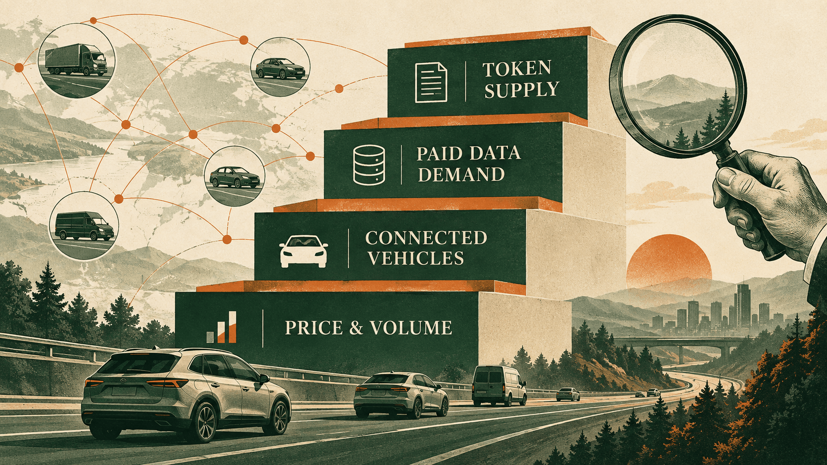 Échelle d’analyse de DIMO comparant le prix et le volume, les véhicules connectés, la demande de données payantes et l’offre de tokens