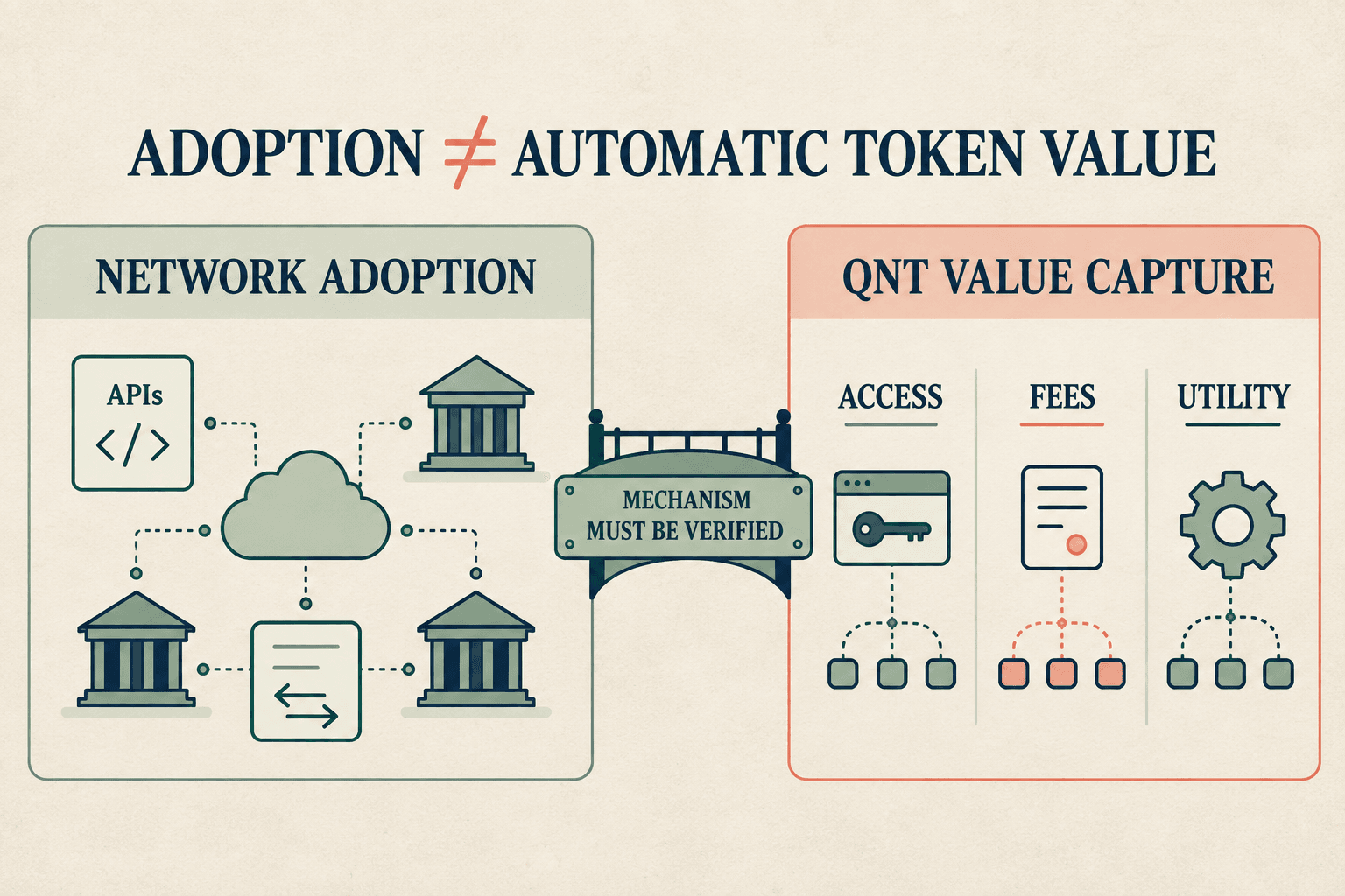 Comparaison entre l’adoption du réseau Quant et la capture de valeur du token QNT via l’accès, les frais et l’utilité