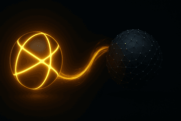 Esfera dorada brillante con estructura de red a la izquierda que se conecta a una esfera geométrica oscura a la derecha, representación de sistemas blockchain descentralizados frente a centralizados.