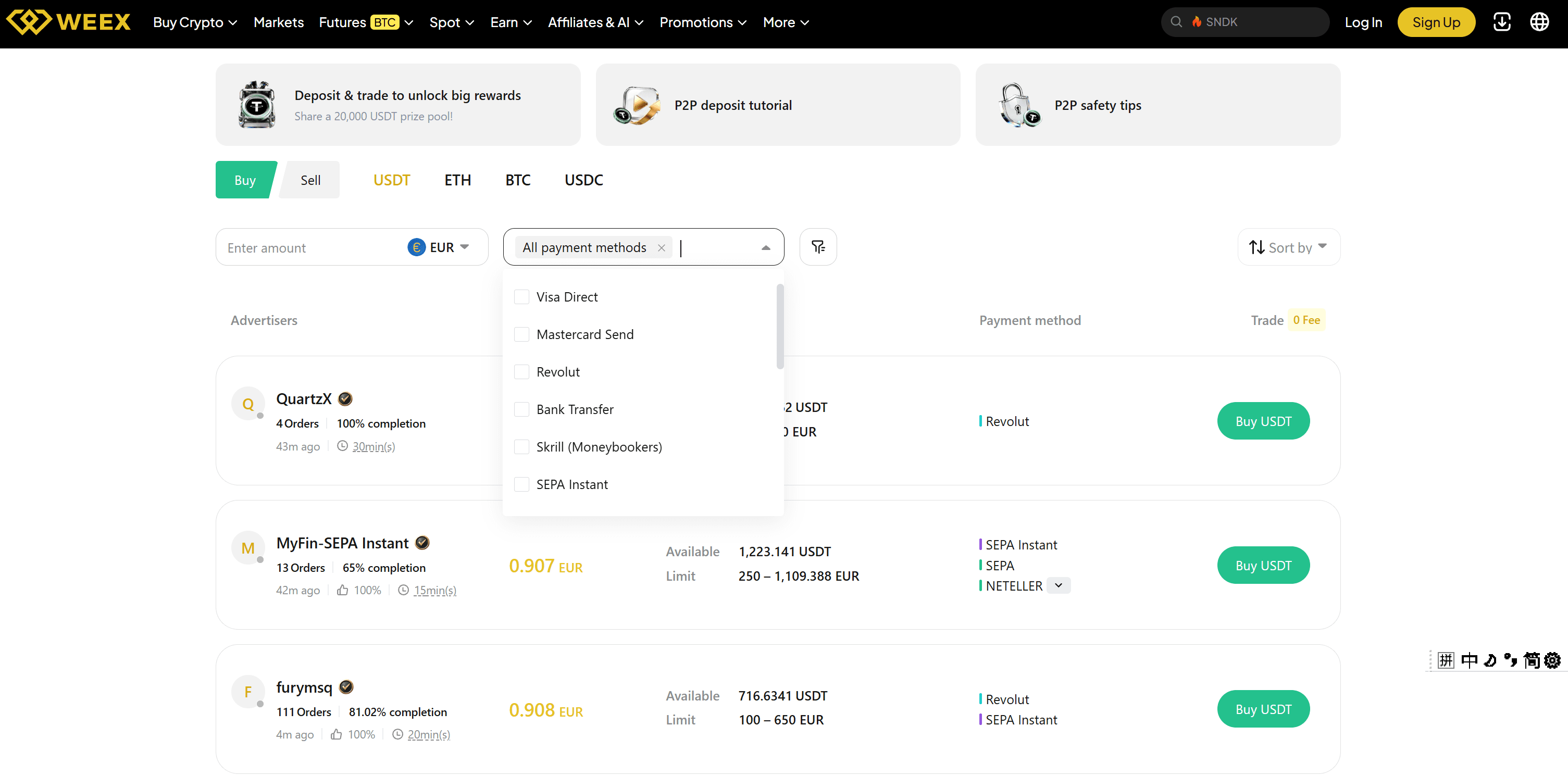 USDT-Krypto mit EUR über WEEX P2P kaufen