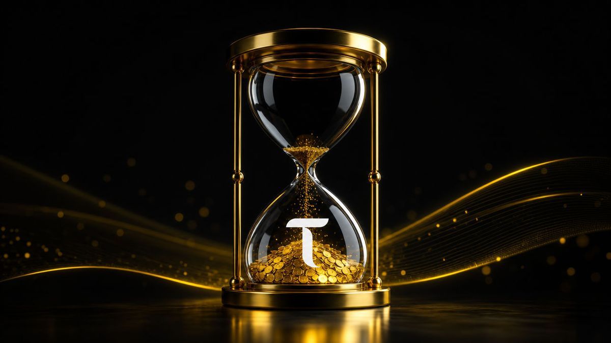 Goldene Glas-Sanduhr mit Bittensor-Tau-Logo, unten sammeln sich goldene TAO-Coins – Symbol für Halving und Knappheit bis 2030