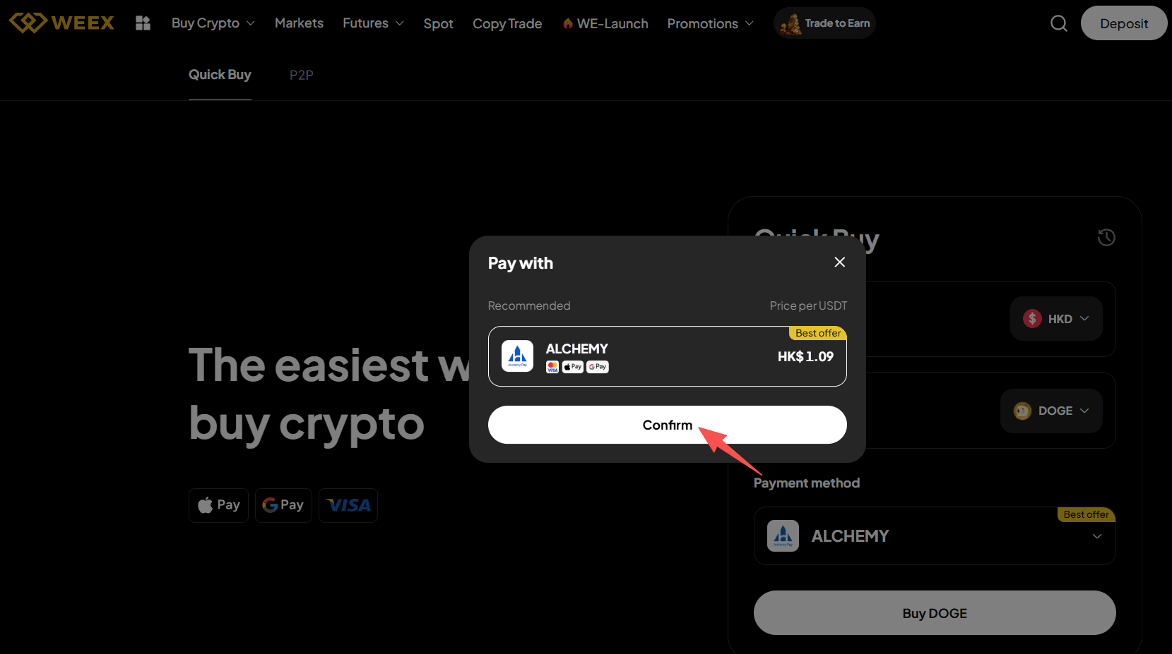Étape 2 : Comment acheter du DOGE avec des HKD sur WEEX ? Version Web