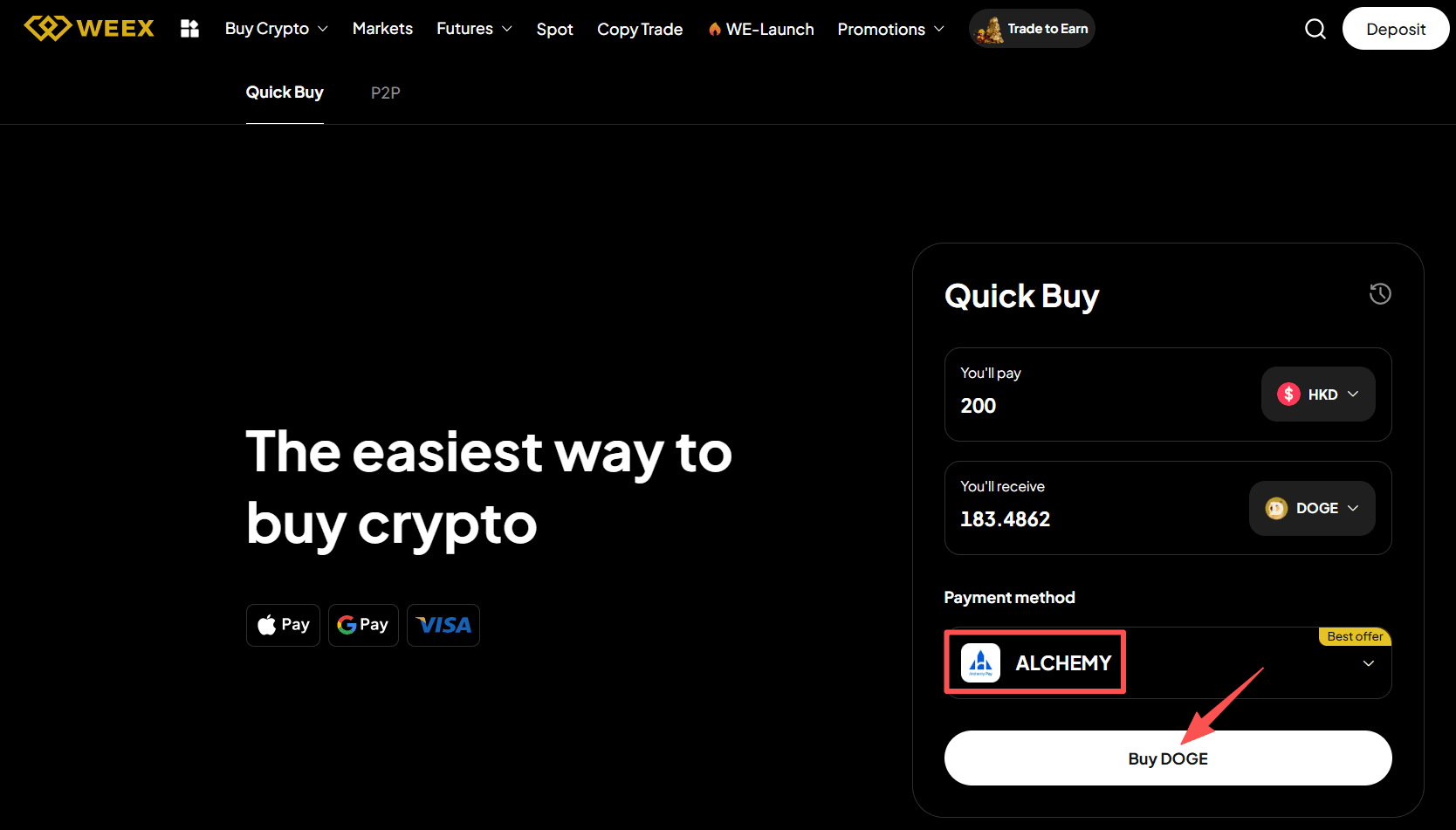 Étape 2 : Comment acheter du DOGE avec des HKD sur WEEX ? Version Web