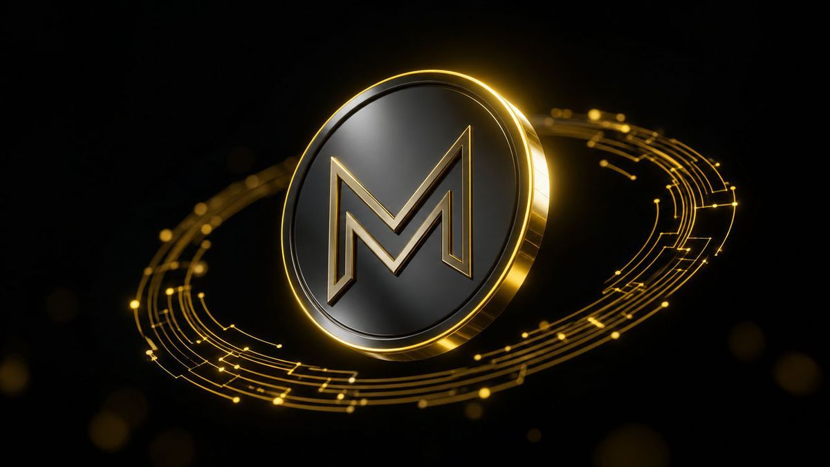 Glänzende schwebende 3D-Münze mit geprägtem M-Monogramm, umgeben von einem rotierenden Ring aus feinen digitalen Schaltkreis-Linien und gelbem Glow auf tiefdunklem Hintergrund