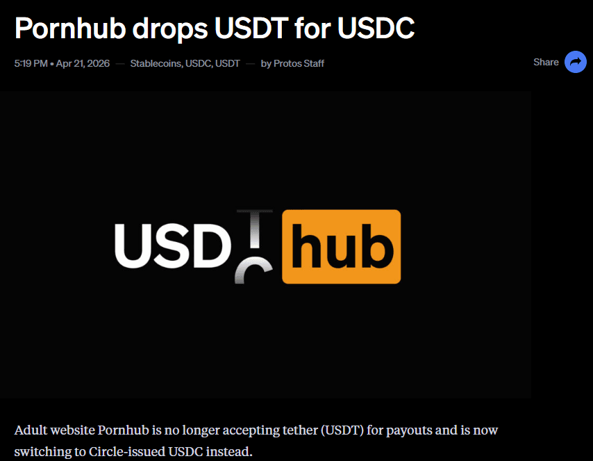 El cambio de Pornhub de USDT a USDC: qué significa para las stablecoins