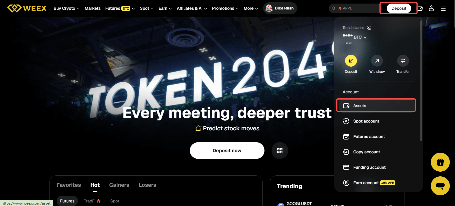 WEEX account navigation showing deposit and spot trading entry points