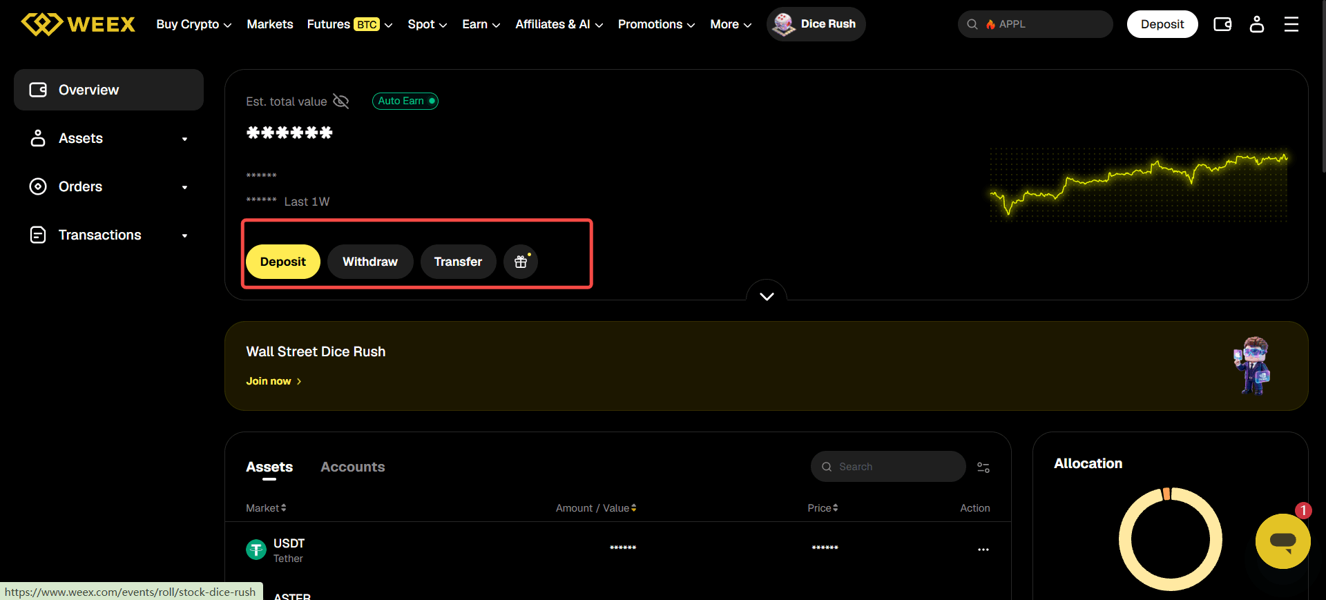WEEX account navigation showing deposit and spot trading entry points