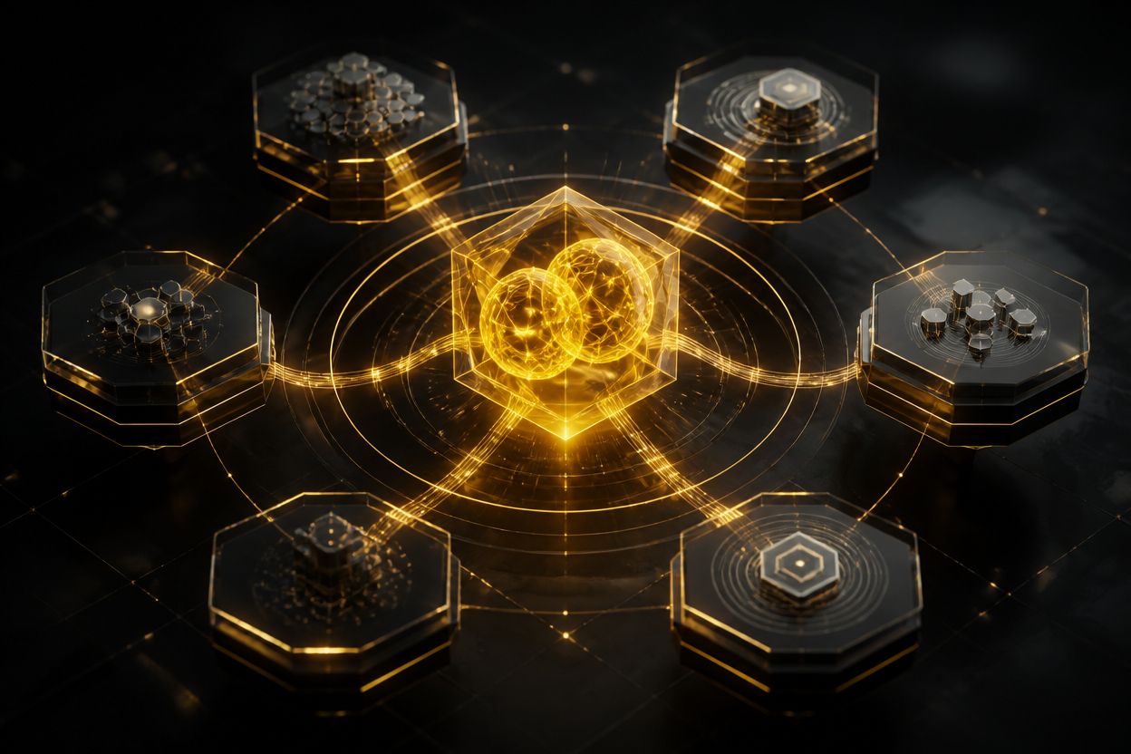 Gold leuchtender Zentralwürfel mit zwei vernetzten Kernen, radial verbunden mit sechs Hexagon-Modulen, auf schwarzem, glänzendem Untergrund.