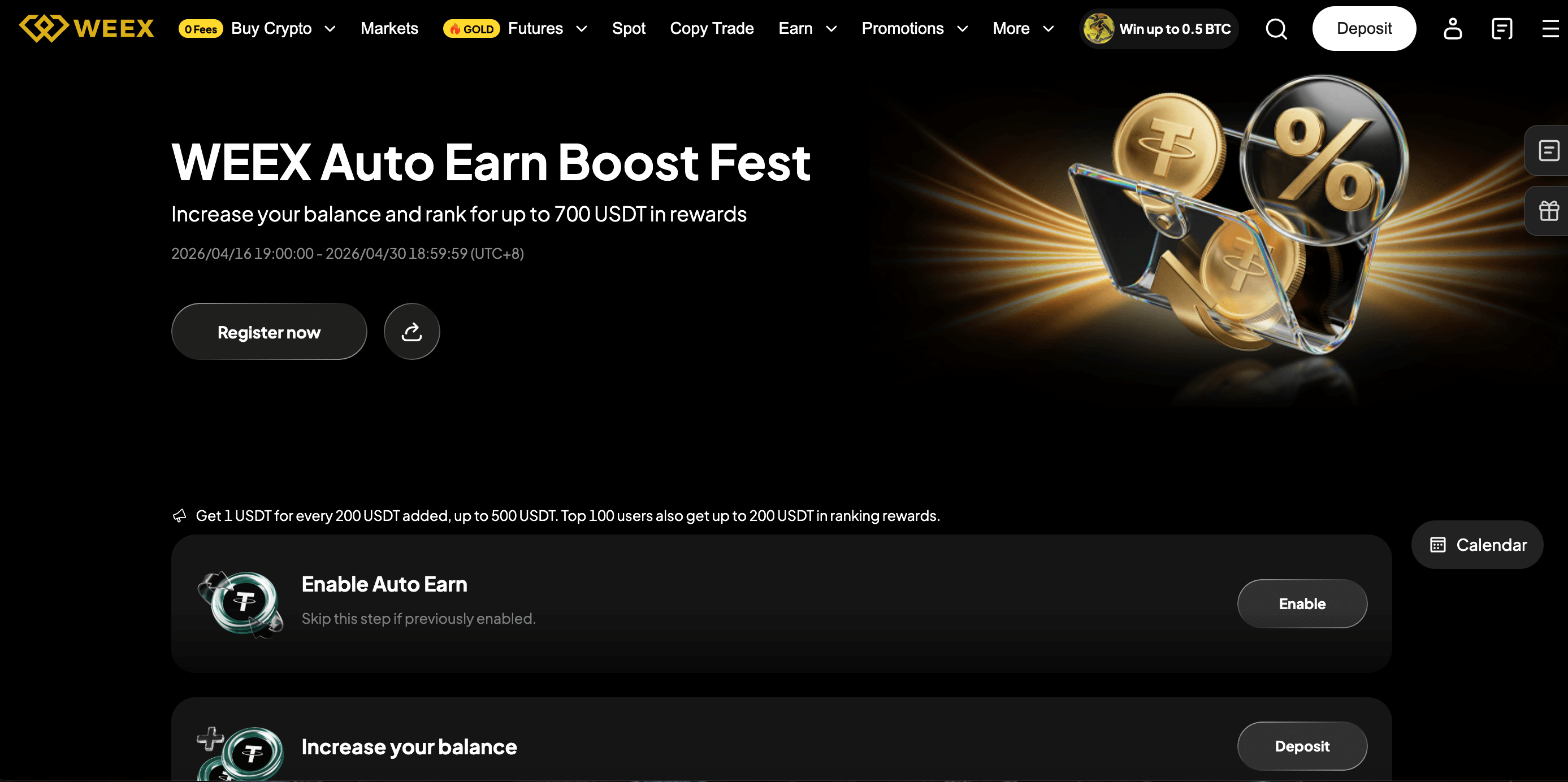 مهرجان WEEX لزيادة الأرباح التلقائية: اكسب حتى 700 USDT فقط من خلال زيادة رصيدك